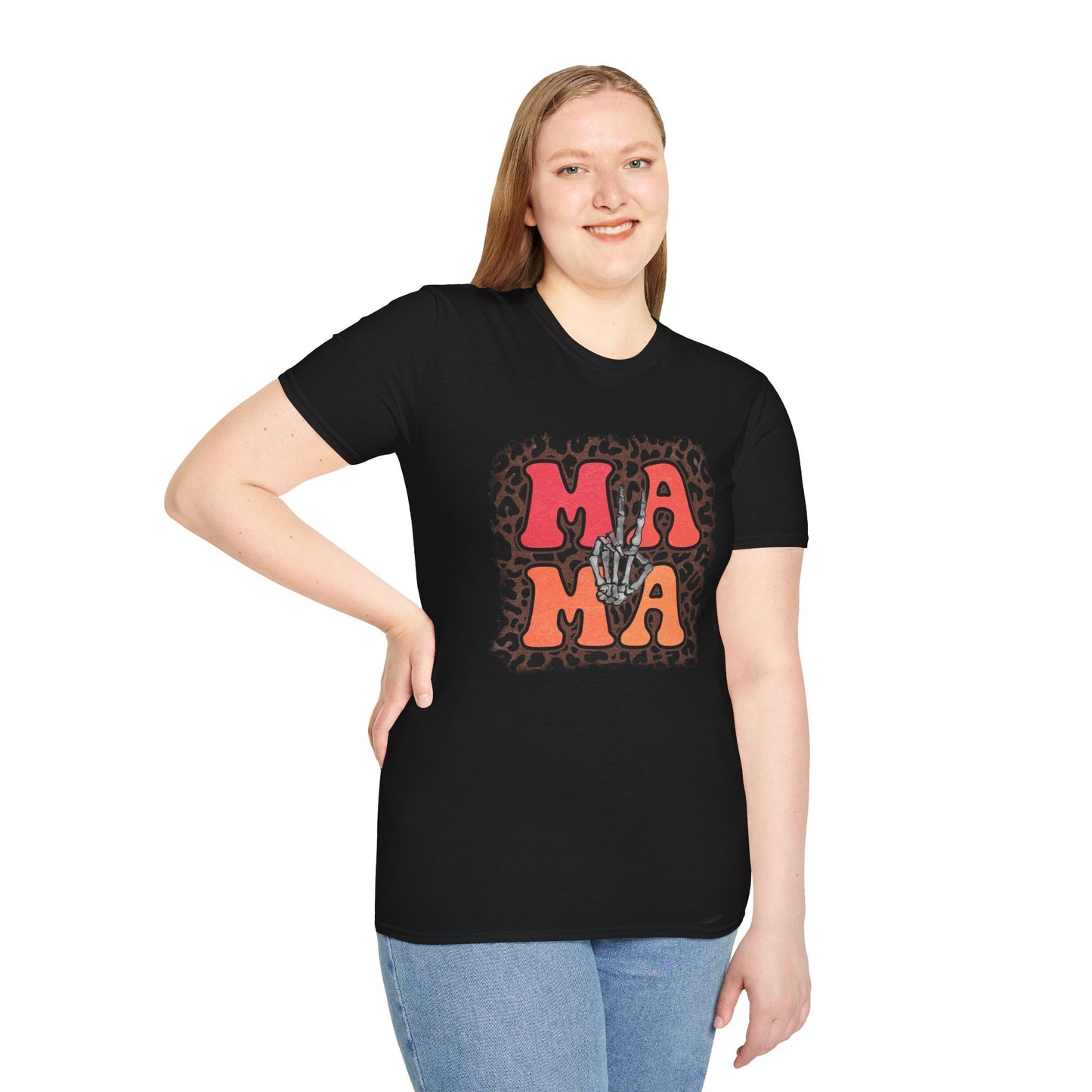 Mama Skeleton Hand Peace Sign T-Shirt | Leopard Background