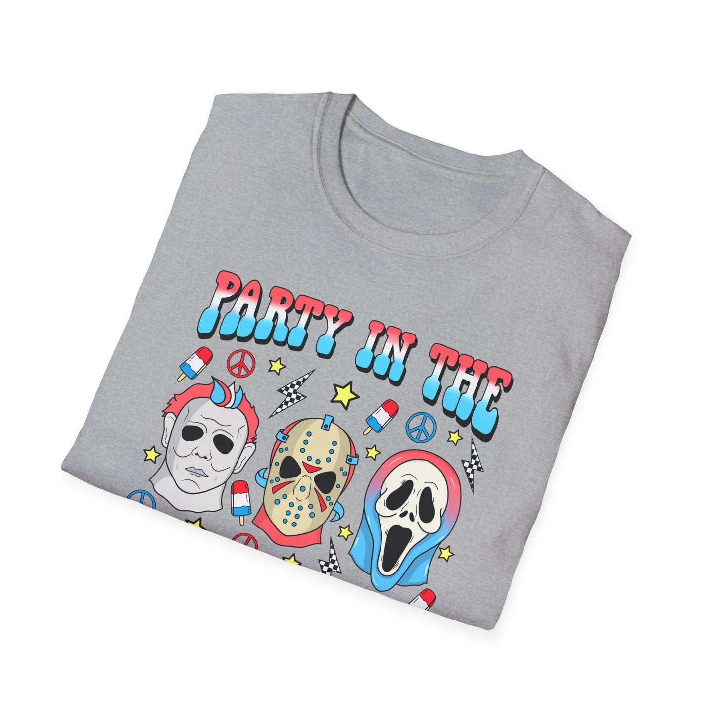 Party in the USA Horror T-Shirt — Red, White & Blue Horror Characters