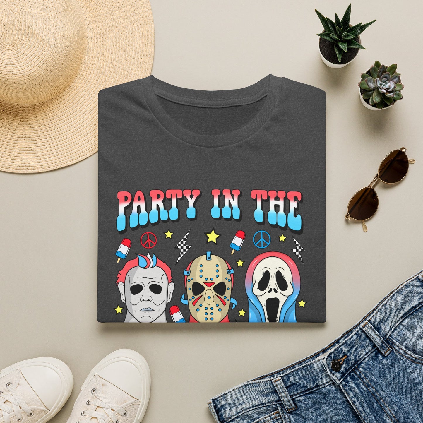 Party in the USA Horror T-Shirt — Red, White & Blue Horror Characters