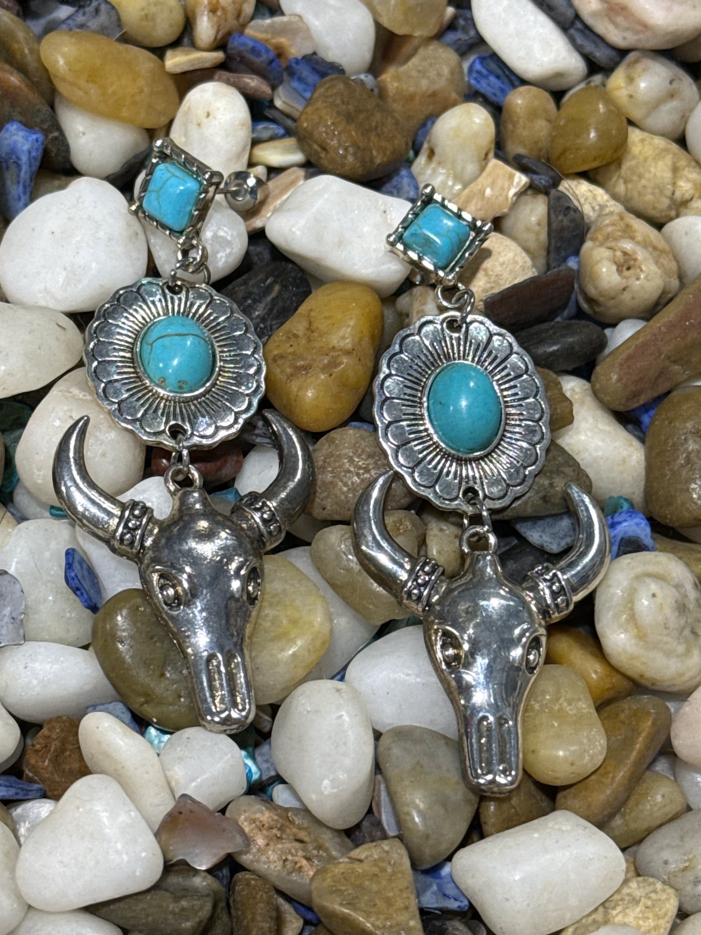 Dangle Flower and Bull Skull Turquoise Earrings