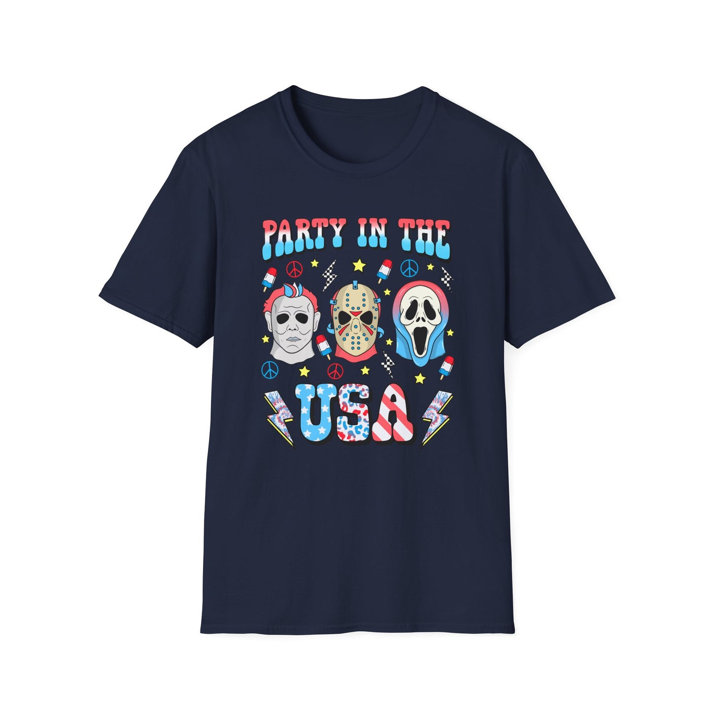 Party in the USA Horror T-Shirt — Red, White & Blue Horror Characters