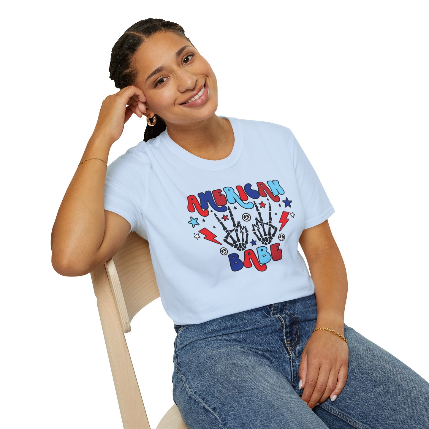American Babe Graphic T-Shirt — Red White & Blue Peace Skeleton Hands