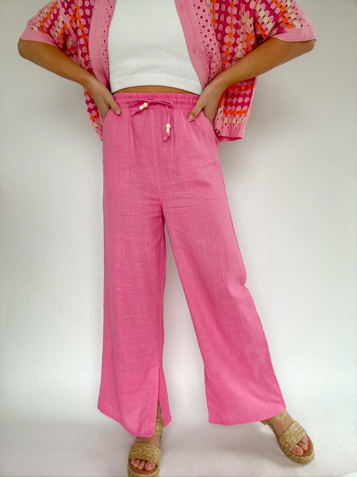 Elastic Waist Solid Linen Comfy Wide Pants