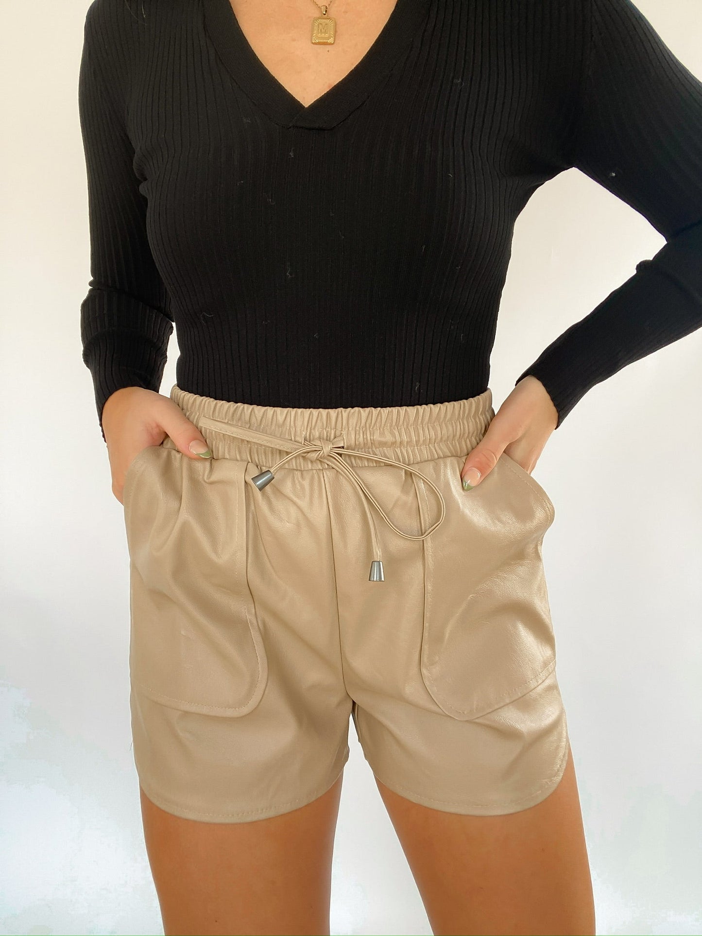 Drawstring Leather Shorts