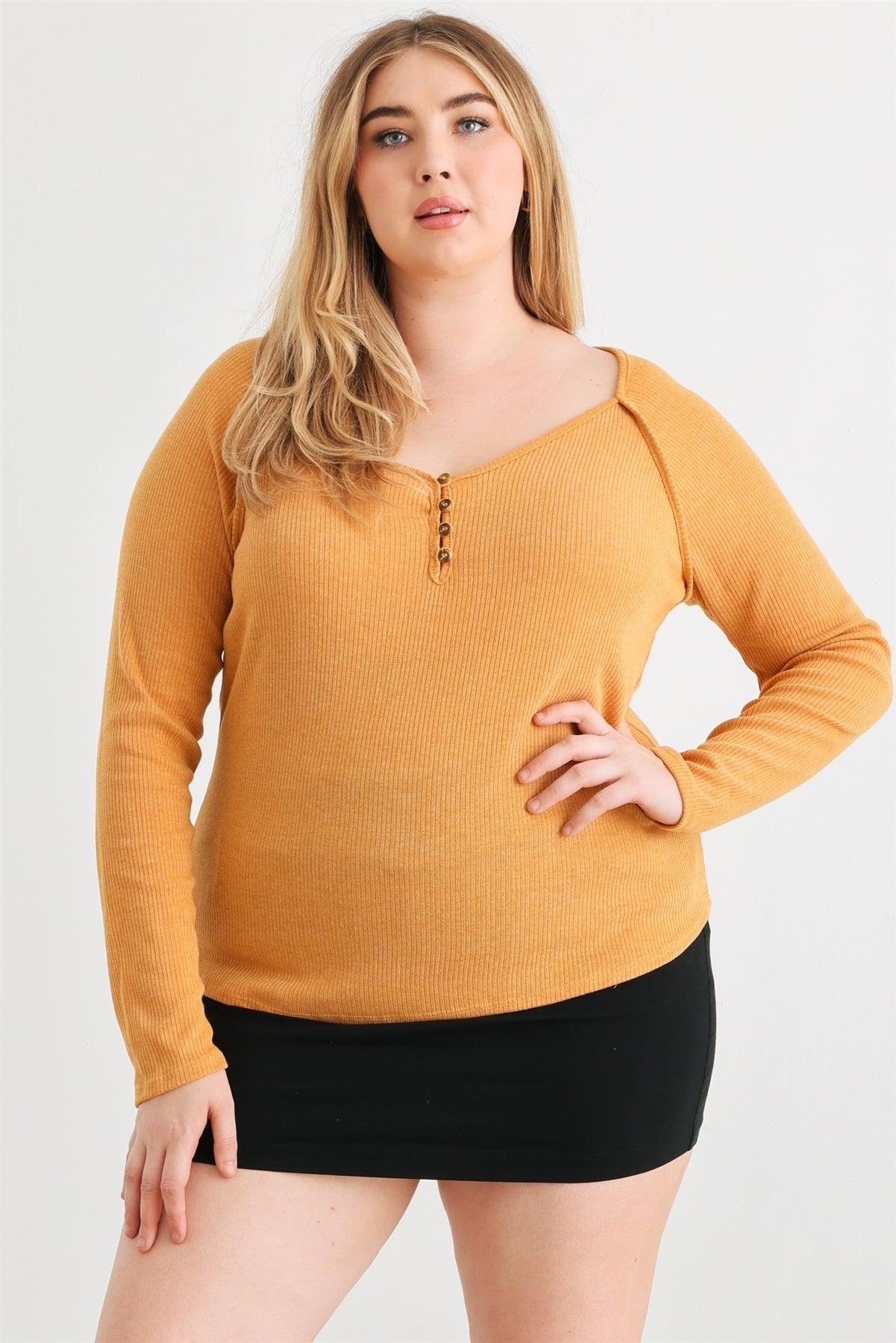 Ribbed Button Neck Top - Plus — Salon 209