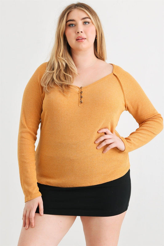 Ribbed Button Neck Top - Plus — Salon 209