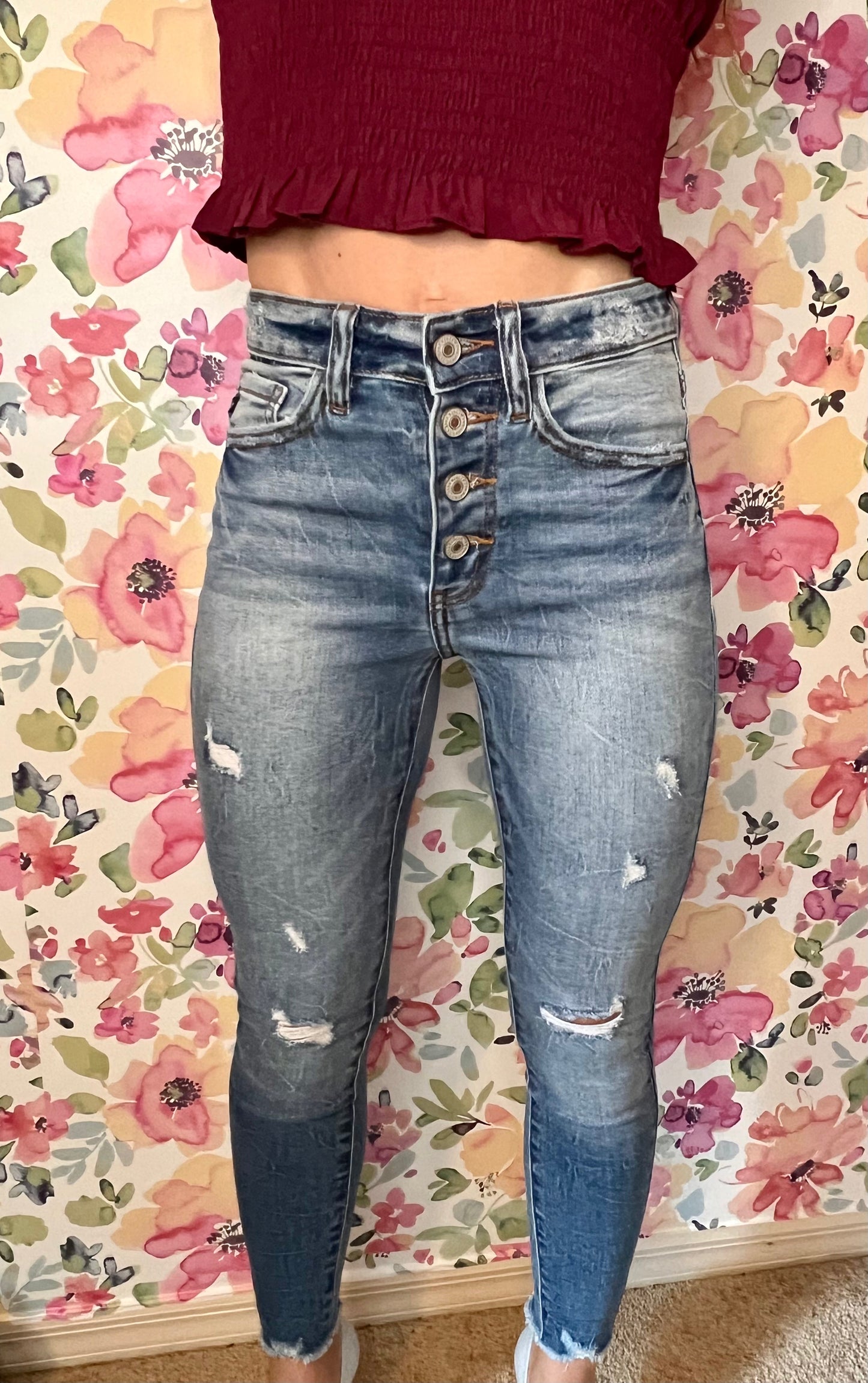 Kan Can High Rise Skinny Distressed Jeans (Medium Wash)