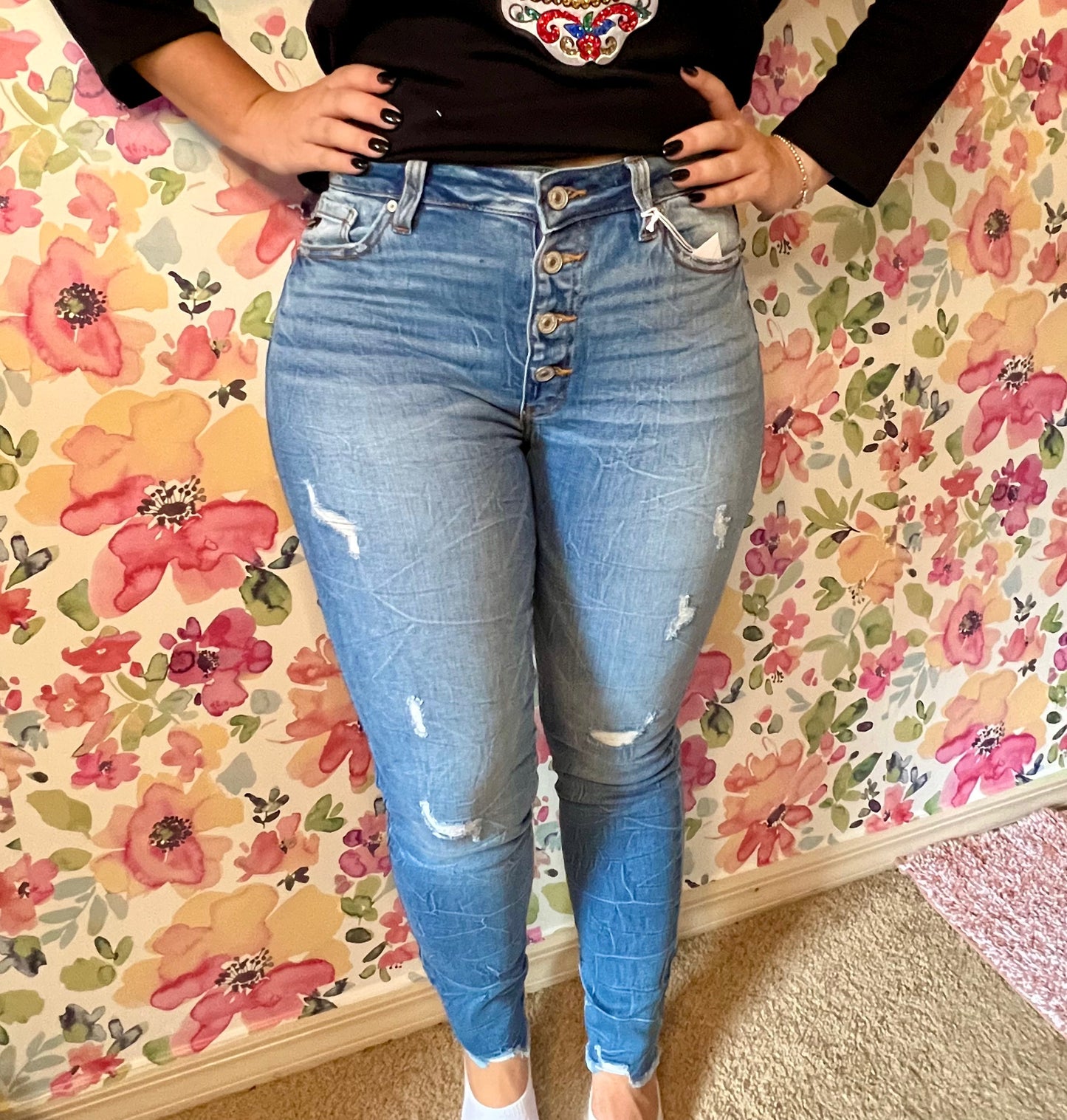 Kan Can High Rise Skinny Distressed Jeans (Medium Wash)
