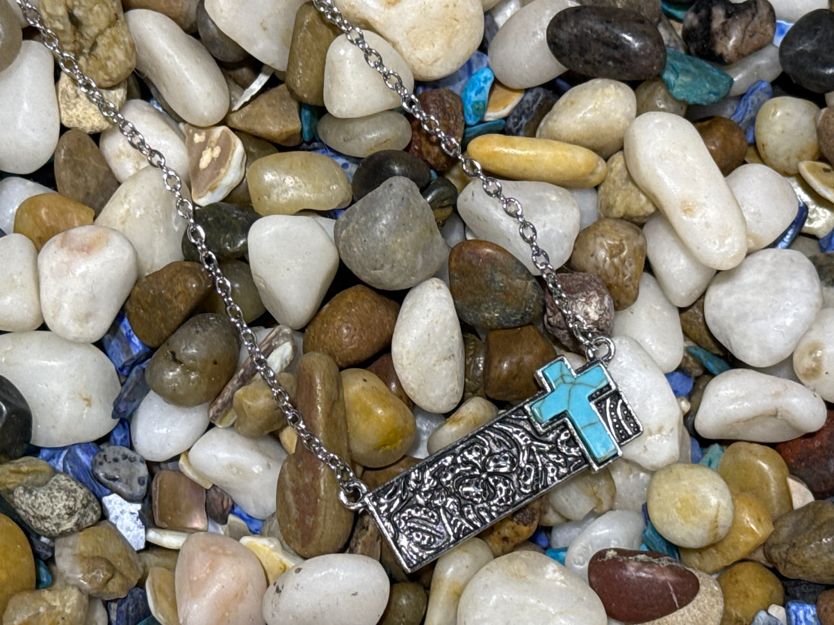 Retro Bohemian Necklace with a Floral Cross And Turquoise Stone